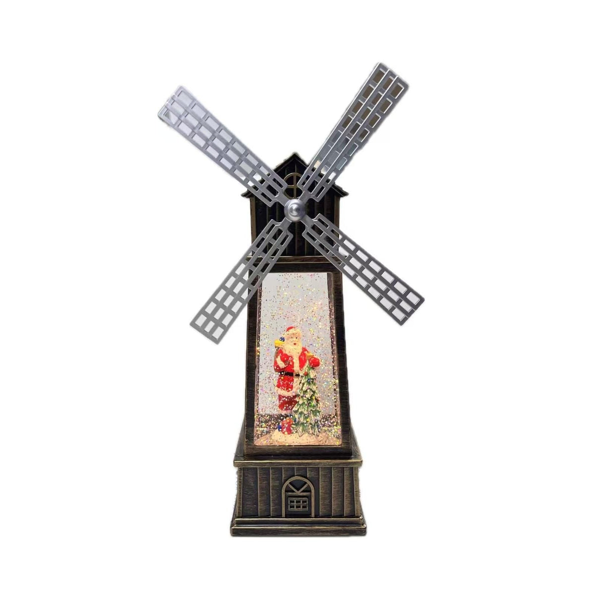 Decoratiune Craciun, Figurina Moara de Vant cu Mos Craciun, functie muzicala, zapada in miscare, cu baterii, Negru/Auriu, 3 Modele