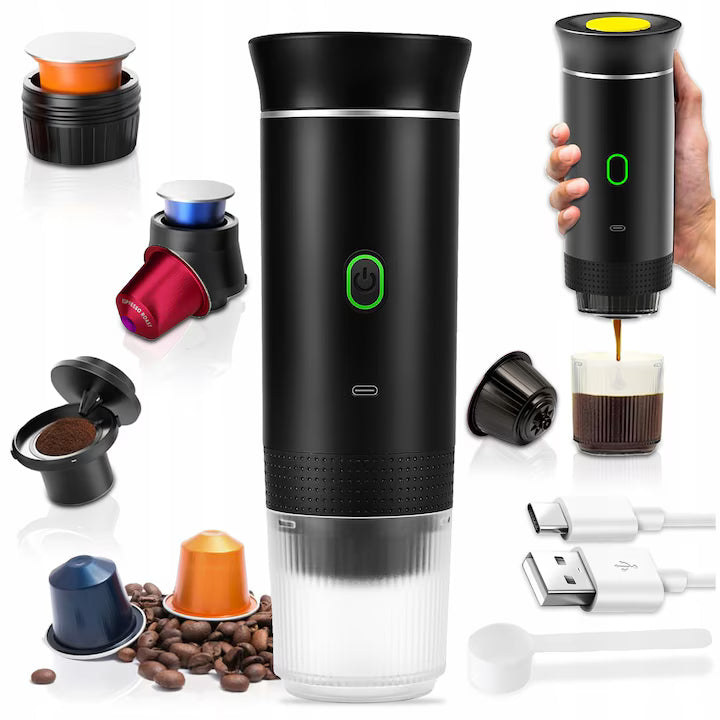 Espressor portabil 3 in 1, aparat cafea capsule si macinata, reincarcabil USB, 60ml,