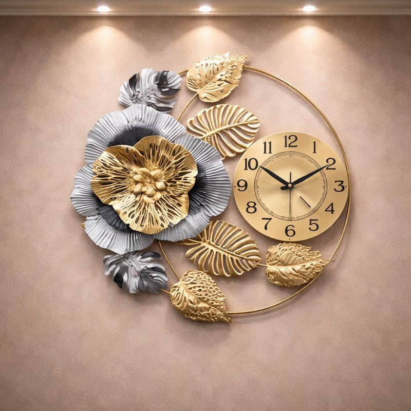 Ceas de perete decorativ floral auriu argintiu, 60 cm