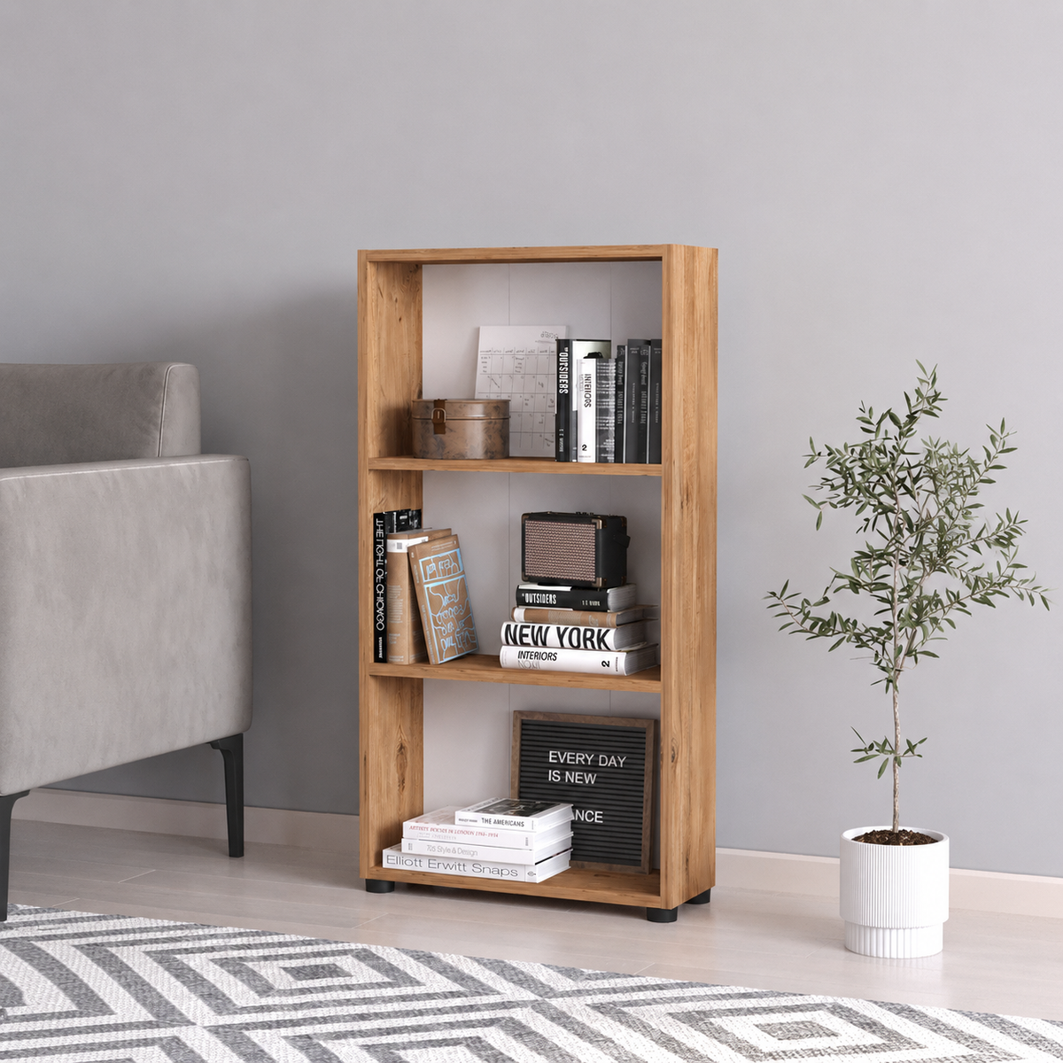 Biblioteca din PAL 55,3x20x106,2 cm, cu 3 rafturi, pentru carti si decoratiuni