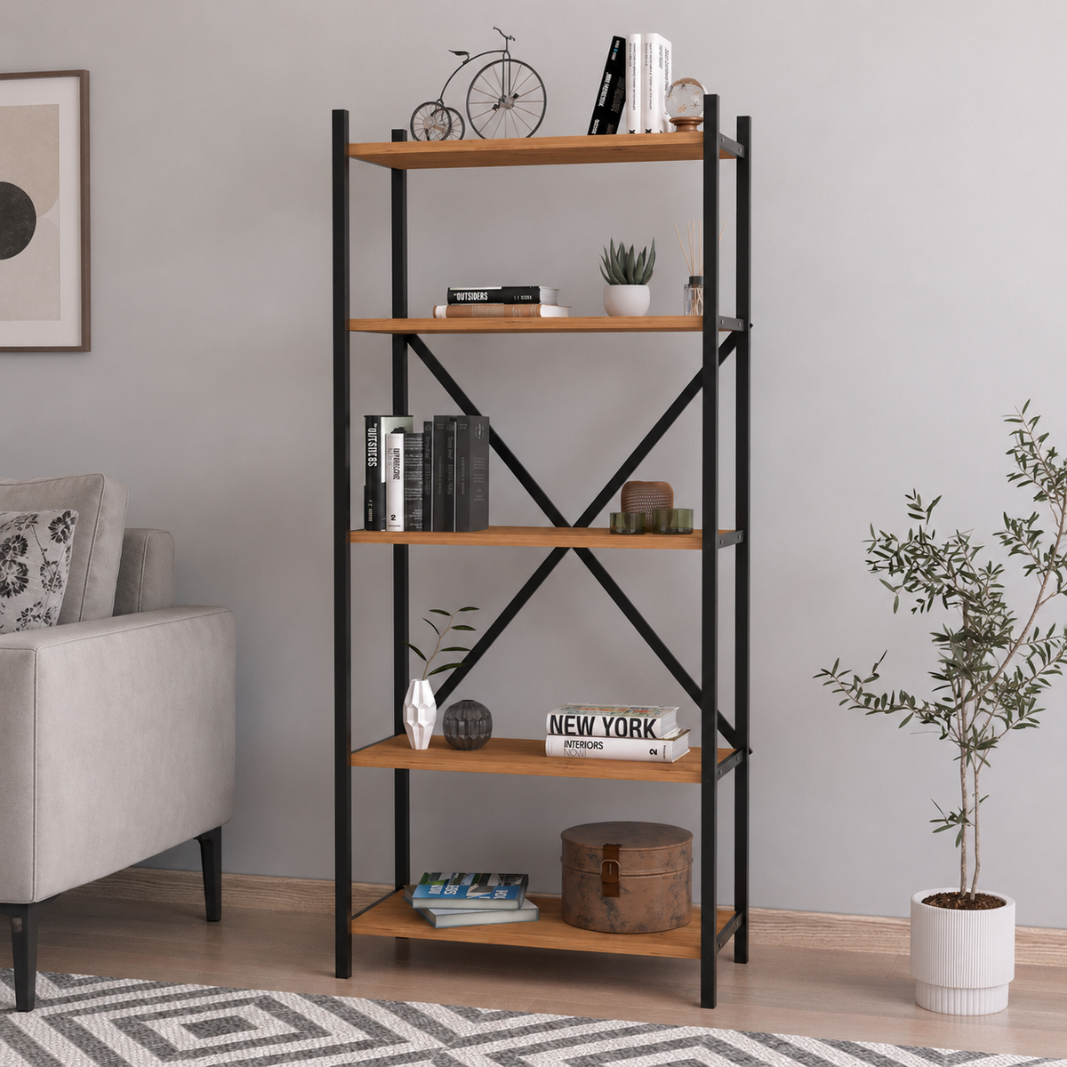 Biblioteca decorativa din PAL si metal 63x29,5x145,6 cm, cu 5 rafturi, pentru carti si accesorii
