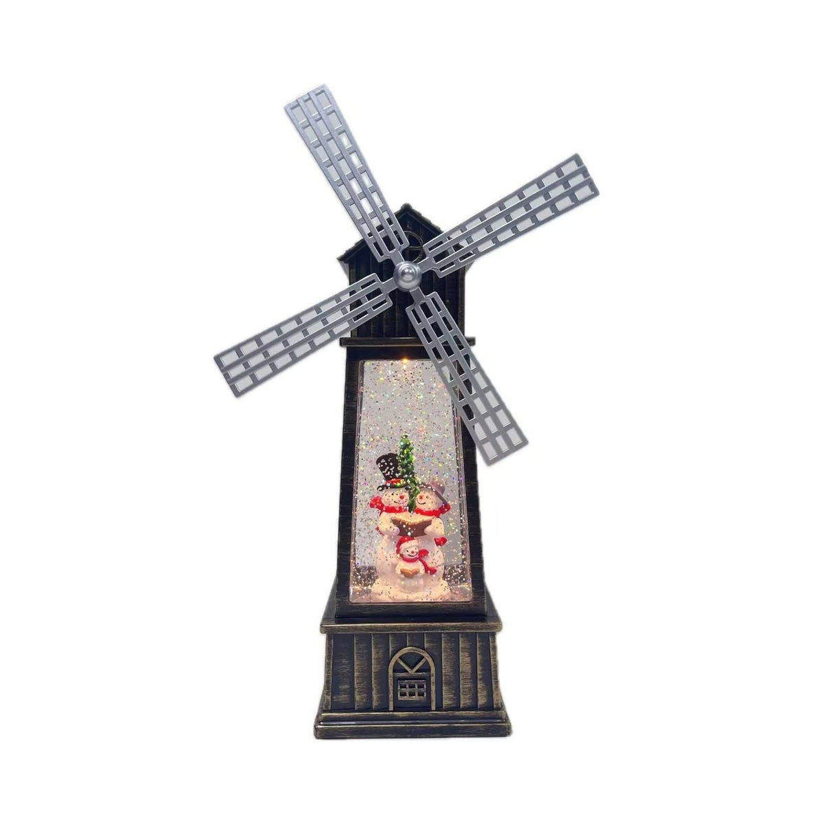 Decoratiune Craciun, Figurina Moara de Vant cu Mos Craciun, functie muzicala, zapada in miscare, cu baterii, Negru/Auriu, 3 Modele