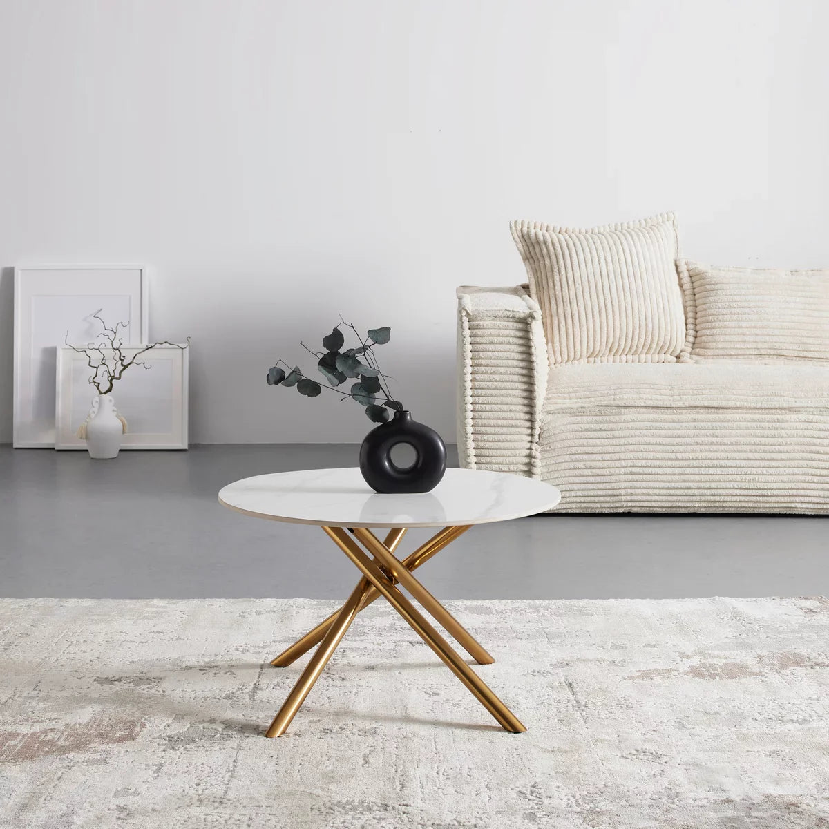 RESIGILAT - Masa de Cafea Rotunda 70x70x44 cm cu Blat Alb si Picioare Auriu – Design Modern Premium
