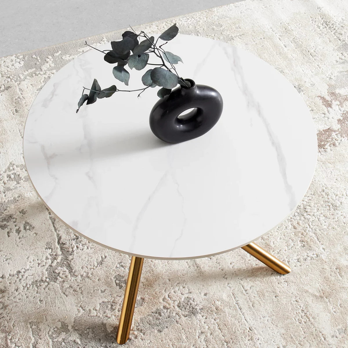RESIGILAT - Masa de Cafea Rotunda 70x70x44 cm cu Blat Alb si Picioare Auriu – Design Modern Premium