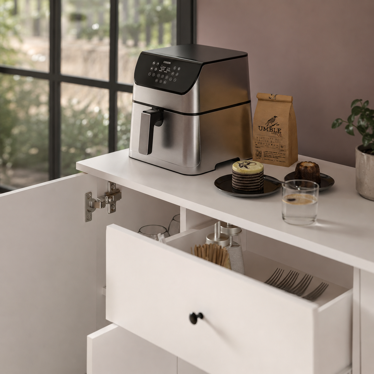 Dulap multifunctional 120x43,4x89 cm, cu 4 usi si sertare, pentru bucatarie, camara sau colt de cafea, alb