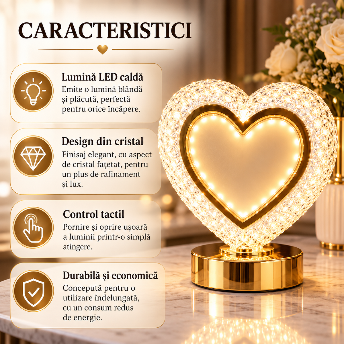 Rama Foto Inima cu LED Decorativa Finisaj Transparent Iluminare în 3 Trepte – 25,5 × 22 cm - detaliu produs