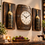 Set Decorativ de Perete Premium cu Ceas și 2 Panouri cu Sticlă de Vin, Design Rustic 3D – 3 Piese