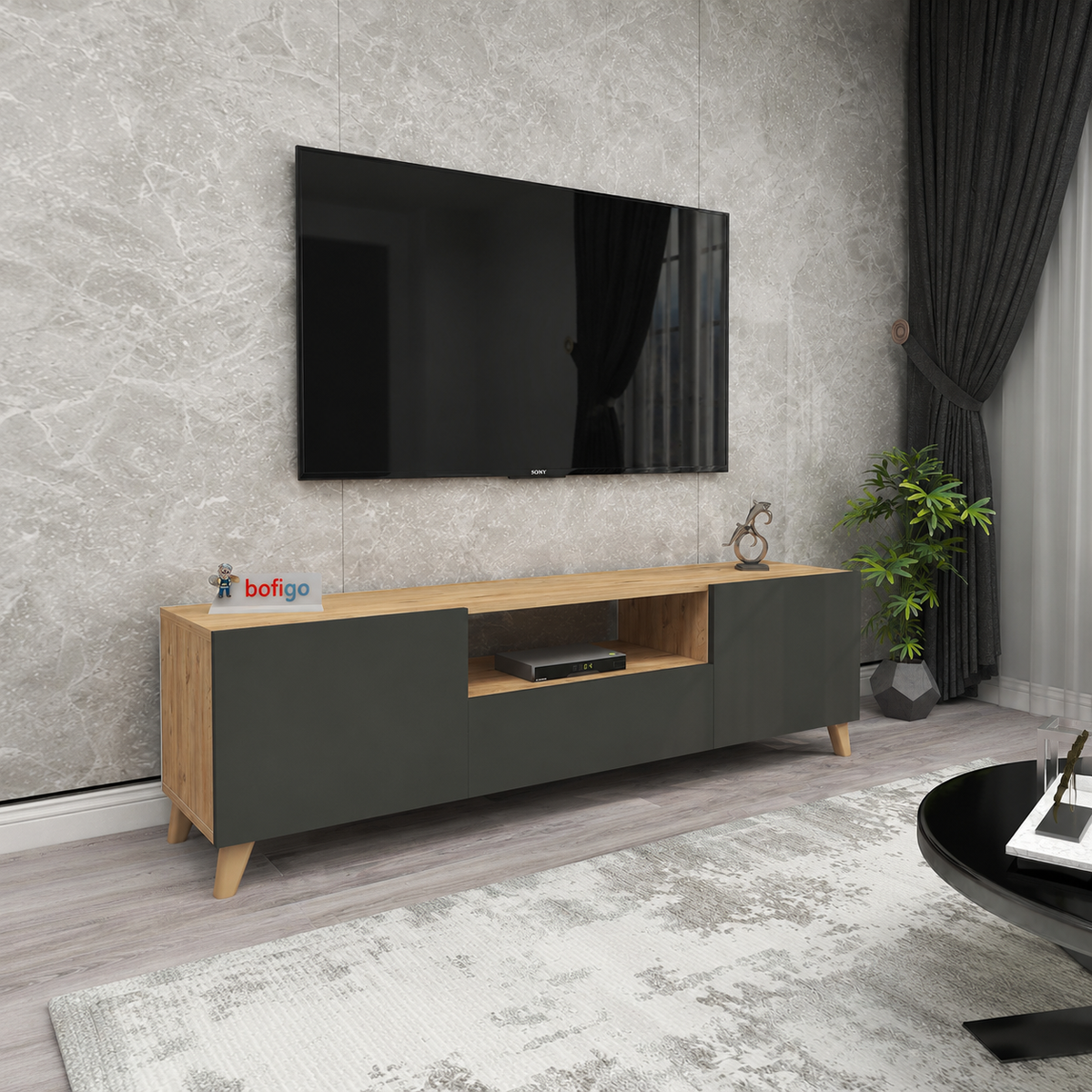 Comoda TV living 60 x 31,8 x 44,8 cm cm,  2 usi rabatabile soft-close, PAL melaminat 18 mm clasa E1, stil scandinav