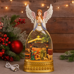 Glob decorativ Craciun cu inger si scena Nasterii Domnului, apa, lumina si muzica, 15x33 cm