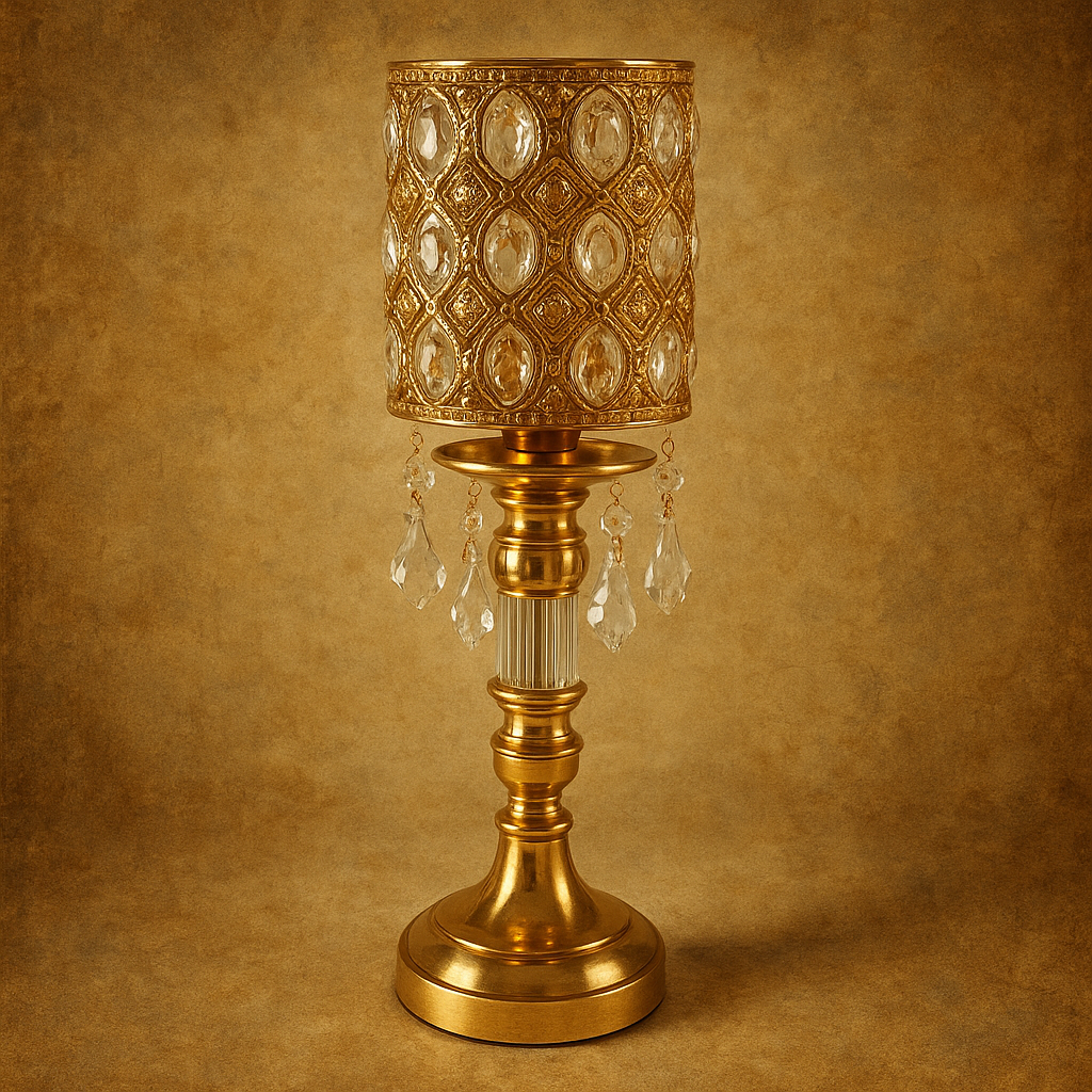 Candelabru decorativ auriu cu cristale, 40 cm. Metal finisat + cristale transparente