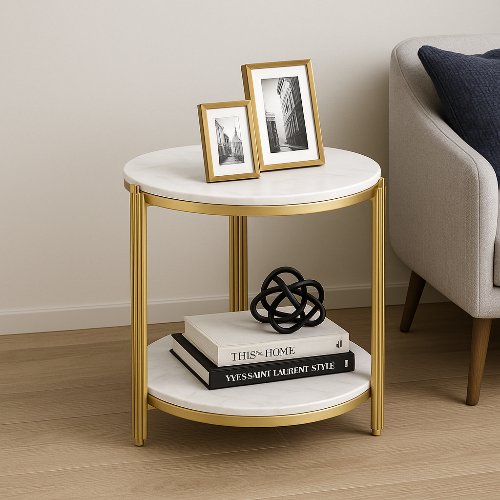 RESIGILAT - Masuta rotunda pe 2 nivele, blat tip piatra, cadru metalic auriu, design elegant, 60x30 cm