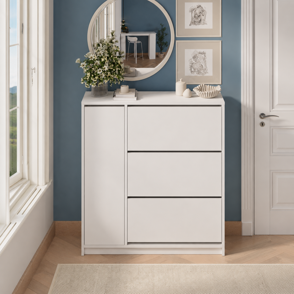 Pantofar Gizem cu usi basculante, dulap pantofi 105.2 x 35.4 x 116.5 cm capacitate 12-16 perechi, mobilier hol compact, PAL melaminat 18 mm clasa E1, mecanism flip-down pentru acces rapid, stil modern scandinav