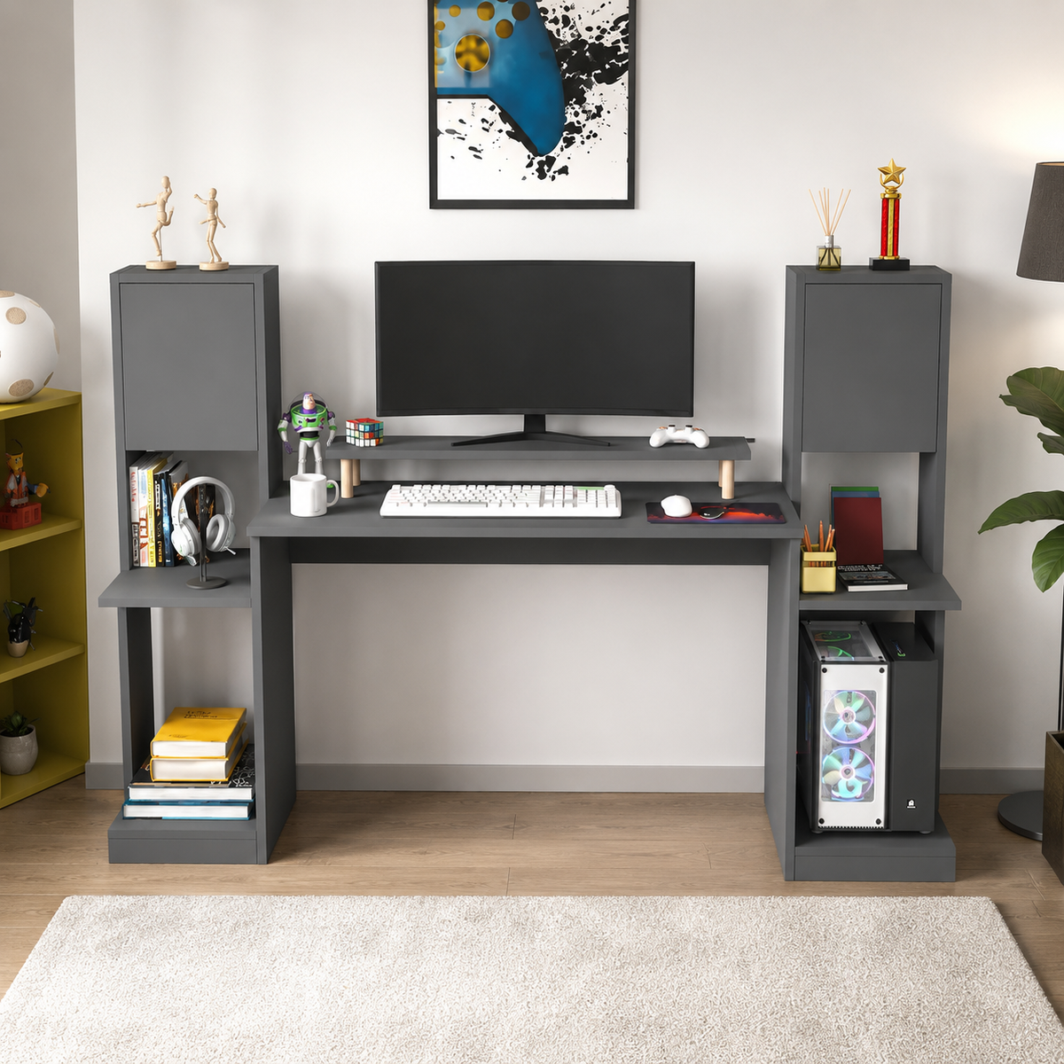 Birou gaming Throne antracit cu rafturi și dulapuri, 183 x 45 x 120 cm - detaliu produs