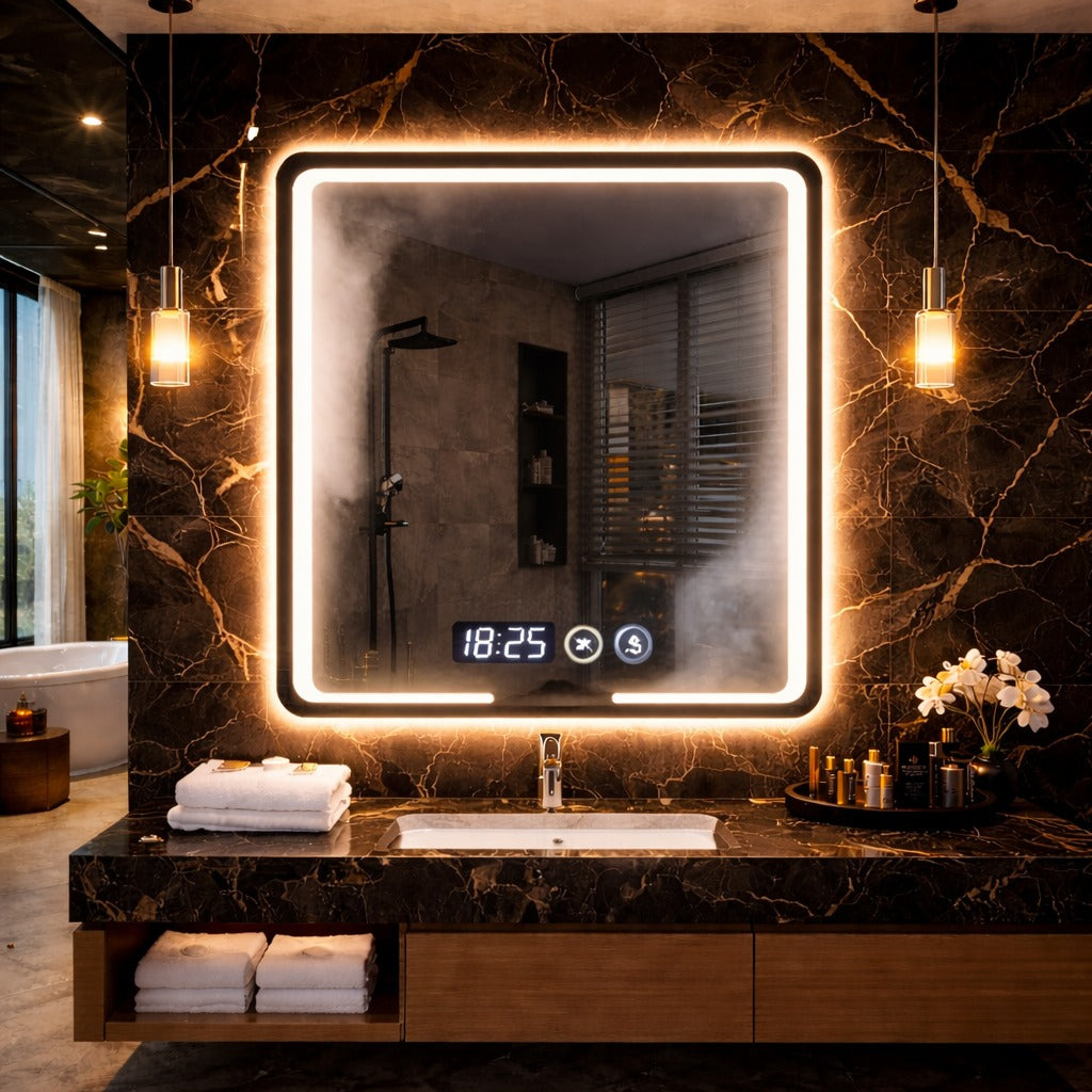 Oglinda led premium 80x60, cu touch, ceas, dezaburire si lumina reglabila