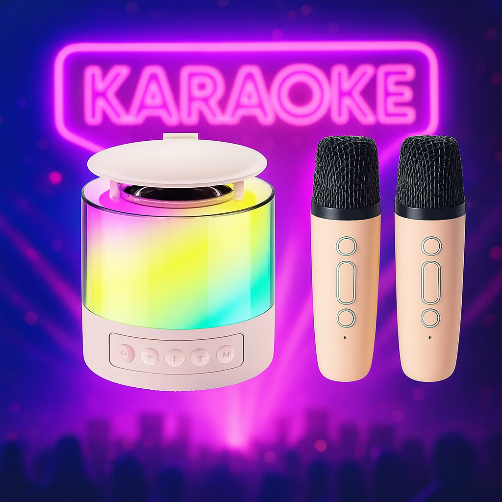 Boxa cu 2 Microfoane, Portabila, cu jocuri de lumini,RGB, rotunda, karaoke Smart copii, difuzor Wireless,