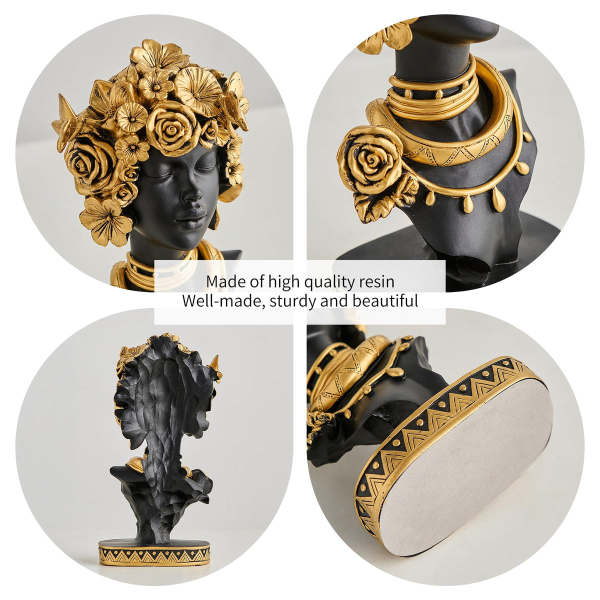 Statueta Africana Bust Negru Auriu Decorativ Raze Flori Trandafiri Luxury 35cm - detaliu produs