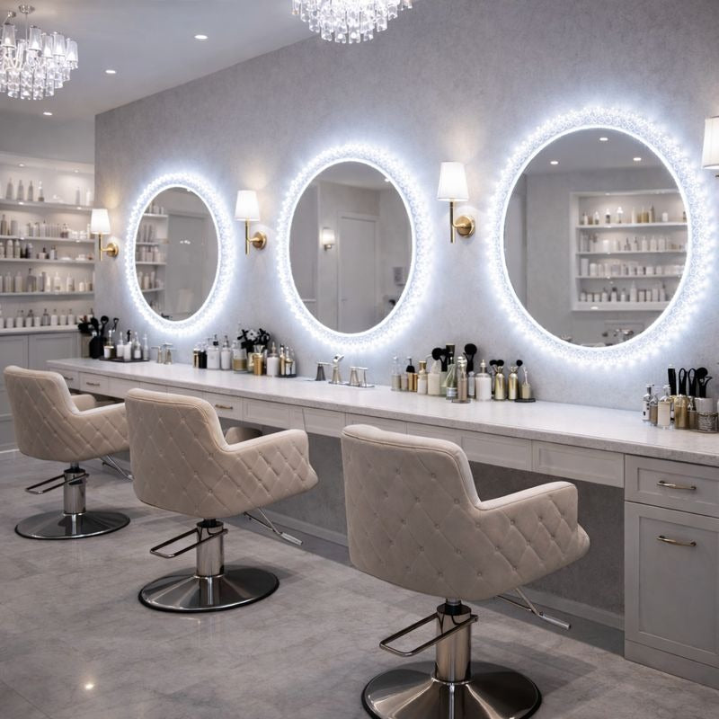 Oglinda baie LED rotunda 55 cm cu buton touch si iluminare perimetrala