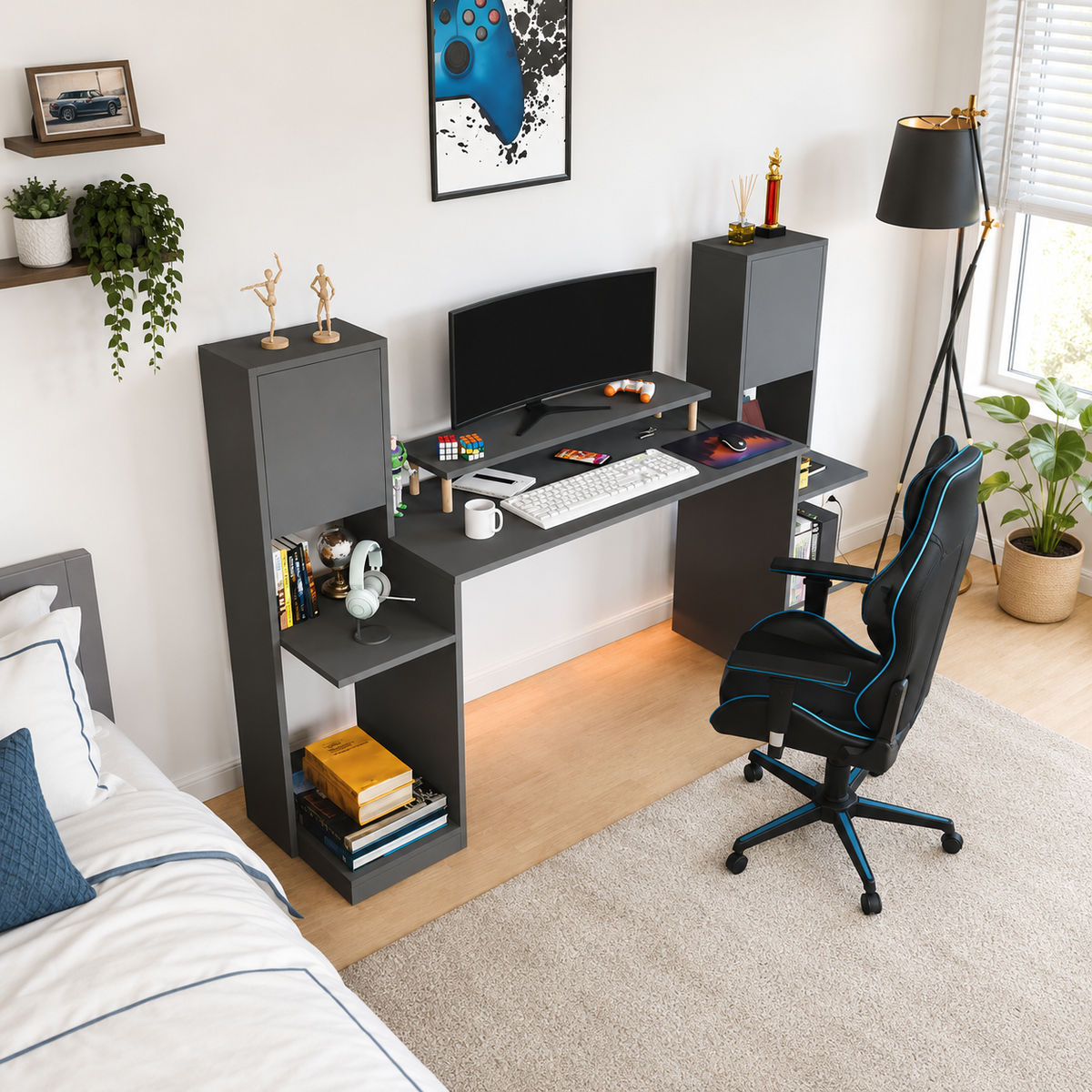 Birou gaming Throne antracit cu rafturi și dulapuri, 183 x 45 x 120 cm - detaliu produs