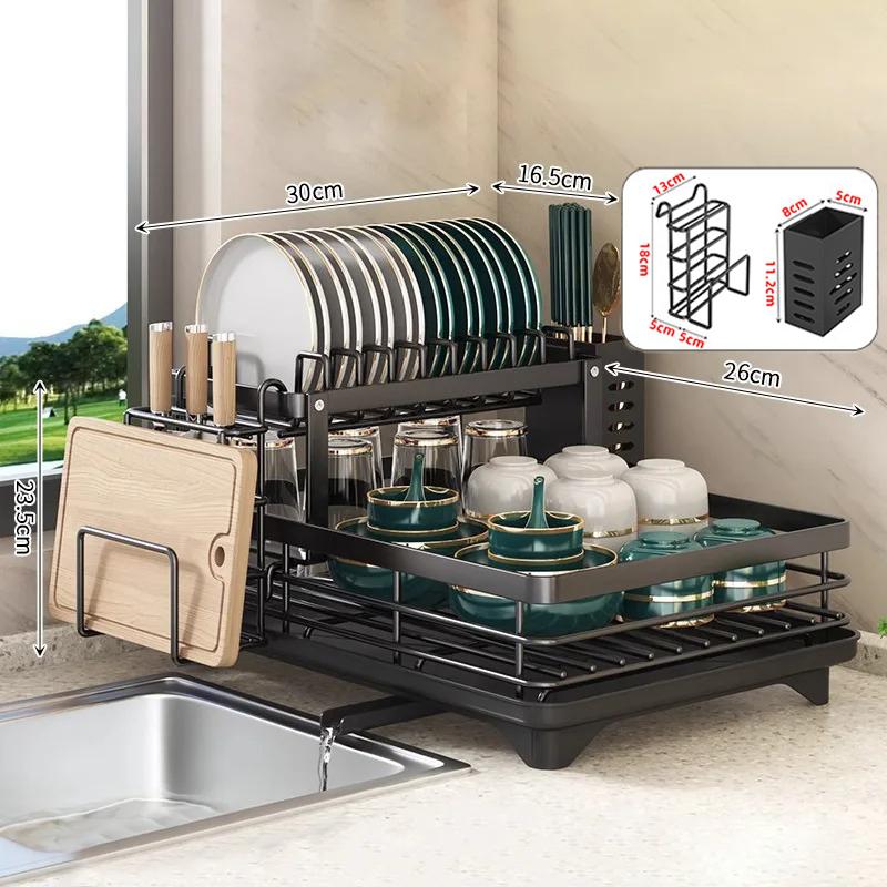 Scurgator vase cu suport scurgere automata, cu suport de tacamuri si pahare, 30 x 42 x 31.5 cm, Negru