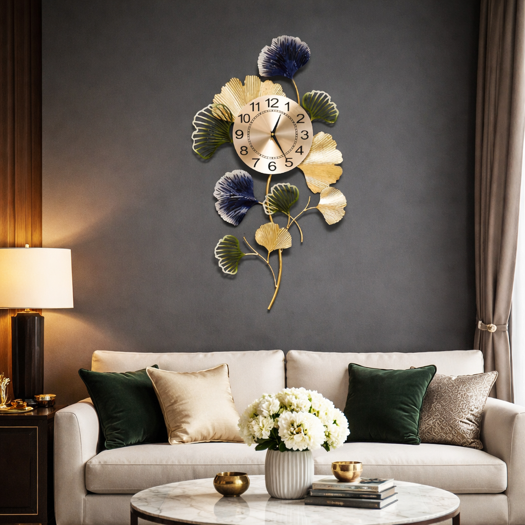 Ceas de perete decorativ 76 x 42 cm – design artistic cu frunze metalice, decor lux pentru living