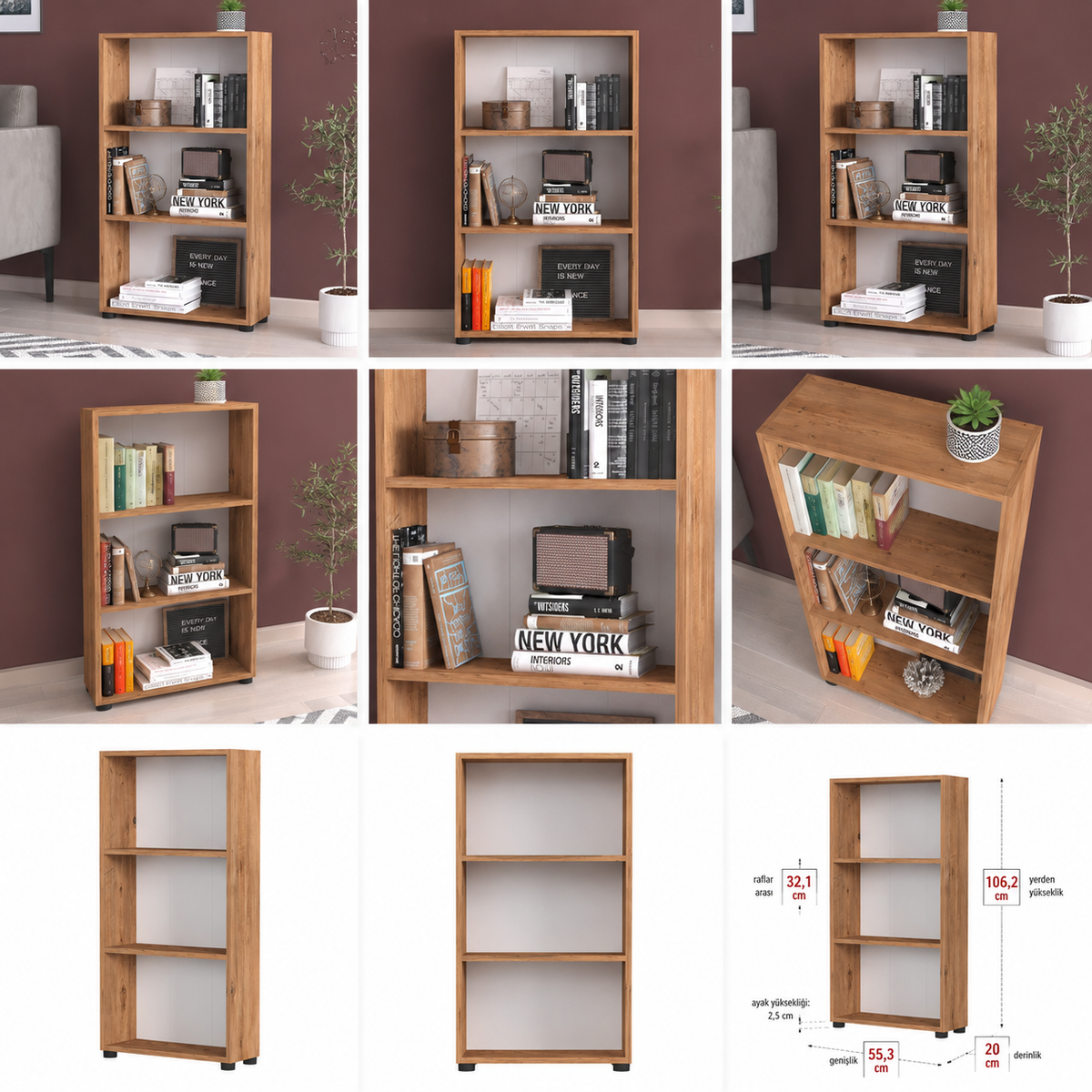 Biblioteca din PAL 55,3x20x106,2 cm, cu 3 rafturi, pentru carti si decoratiuni