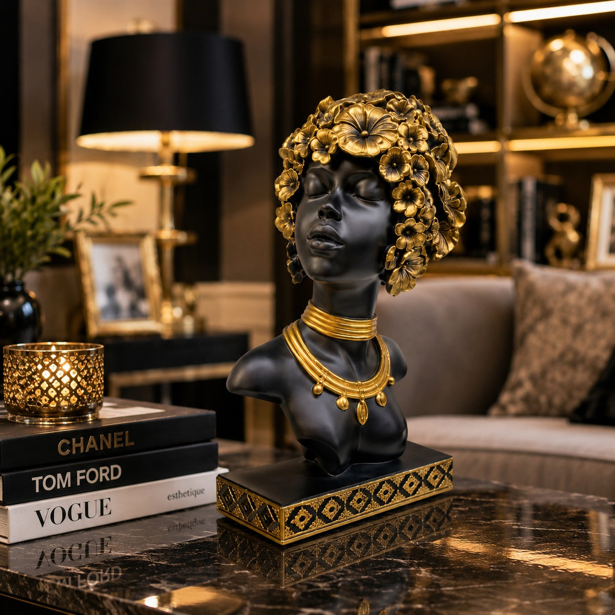 Statuetă Decorativă Premium în Stil African – 3 Variante, Design Negru-Auriu cu Detalii Florale 35cm - detaliu produs