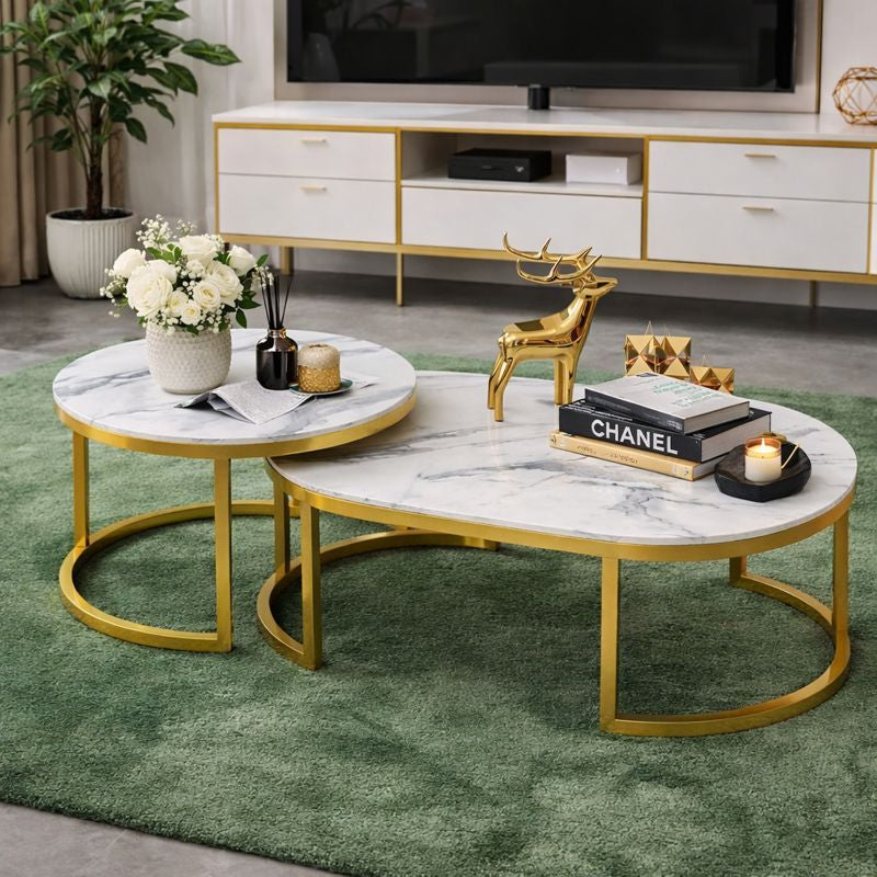 Set 2 Mese Cafea, Design Modern Minimalist, Blat Alb Efect Marmura, Cadru Metalic Auriu