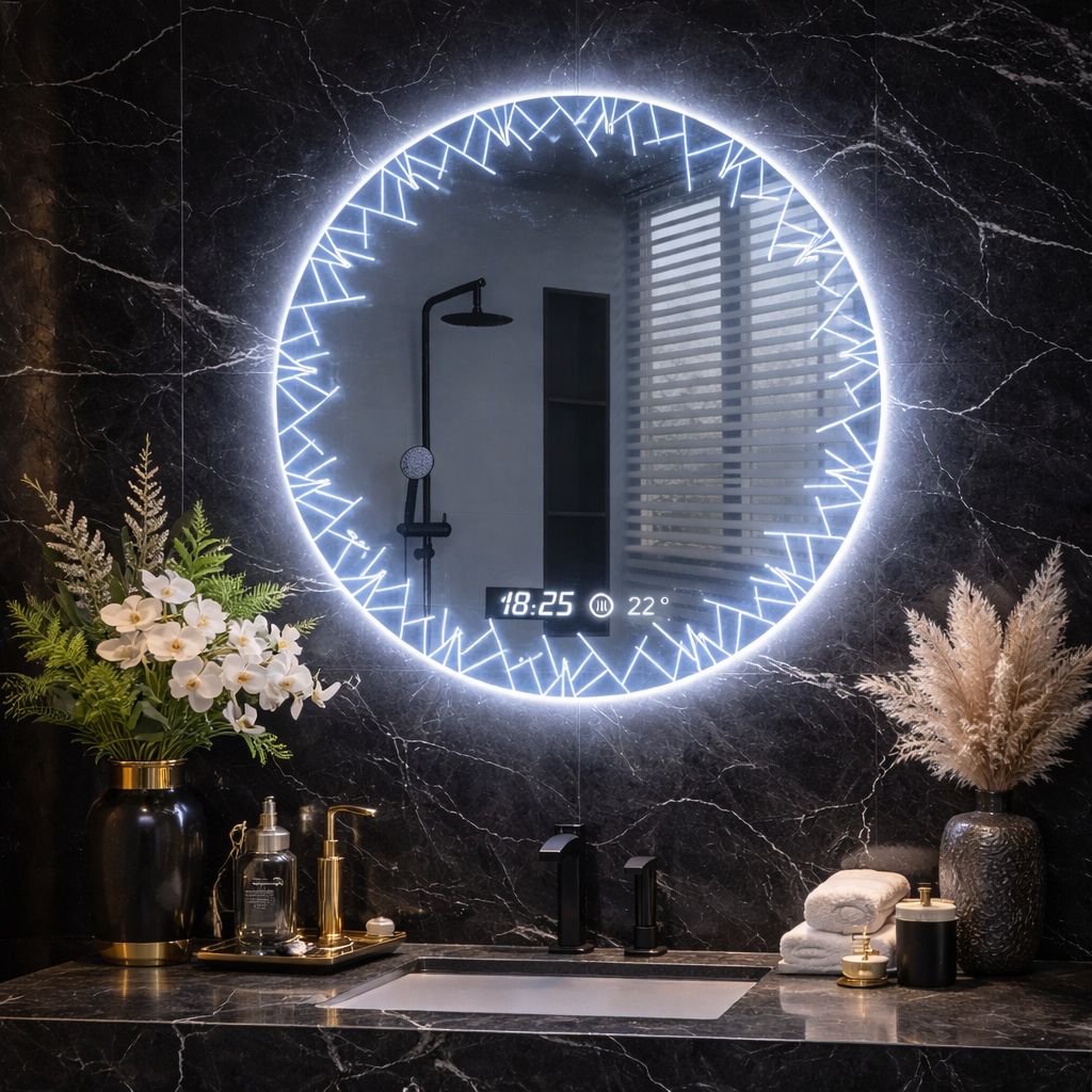 Oglinda LED baie cu dezaburire, ceas si termometru, 60cm