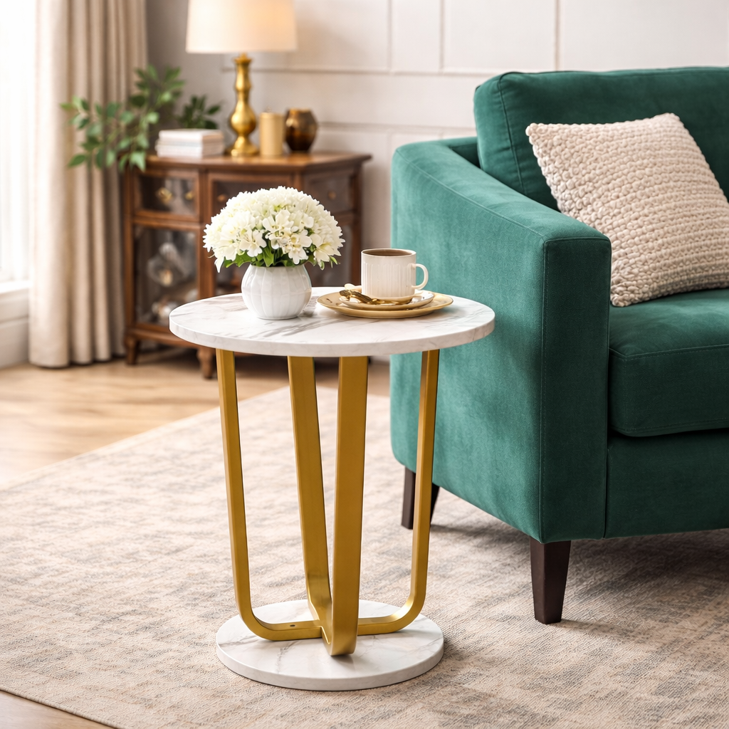 Masuta rotunda, blat efect marmura, cadru metalic auriu, design modern, 40x55 cm