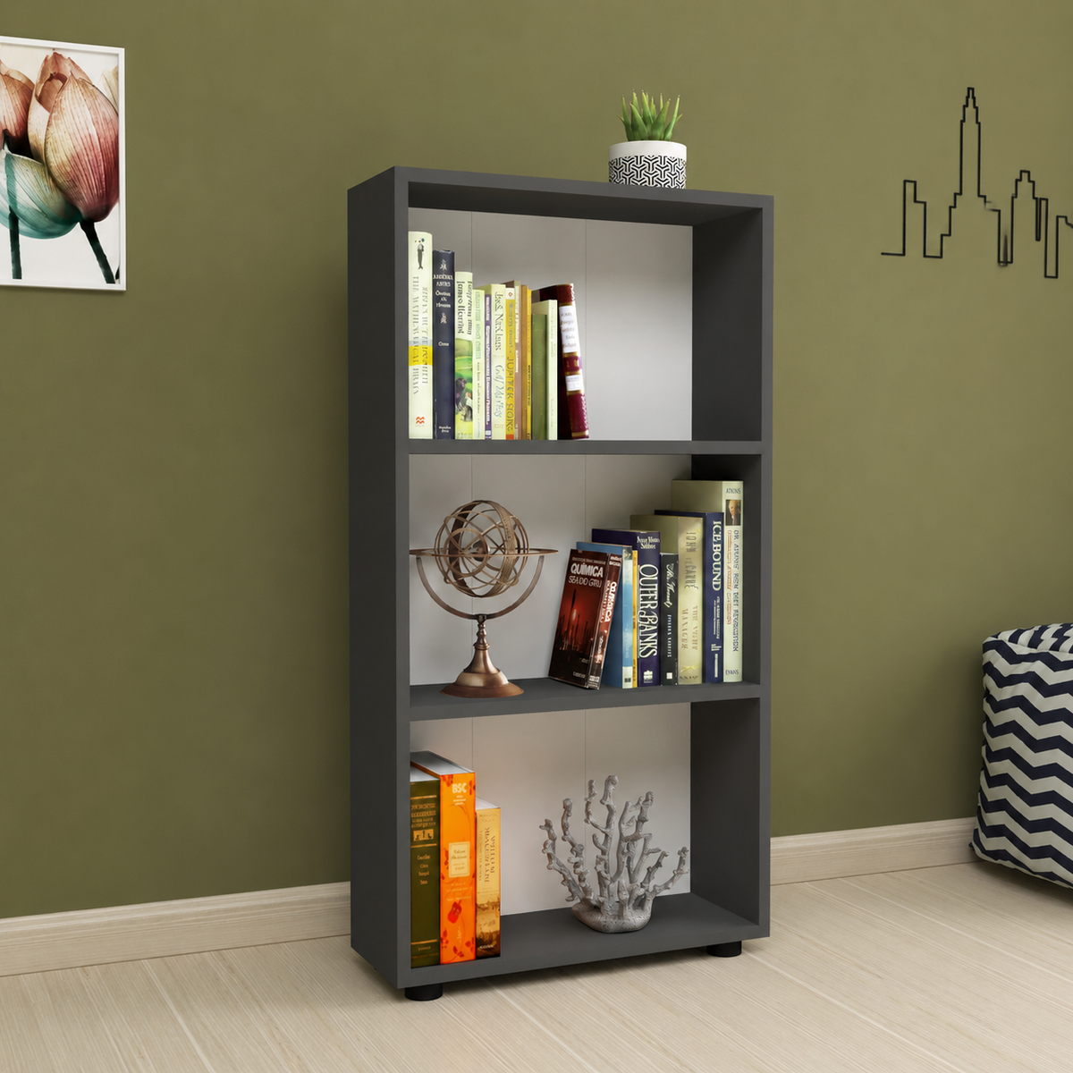 Biblioteca din PAL 55,3x20x106,2 cm, cu 3 rafturi, pentru carti si decoratiuni