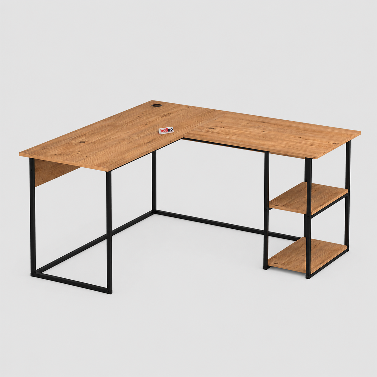 Birou de colt in forma L 140x147,8x73,8 cm, cu rafturi integrate si cadru metalic, pentru home office sau birou