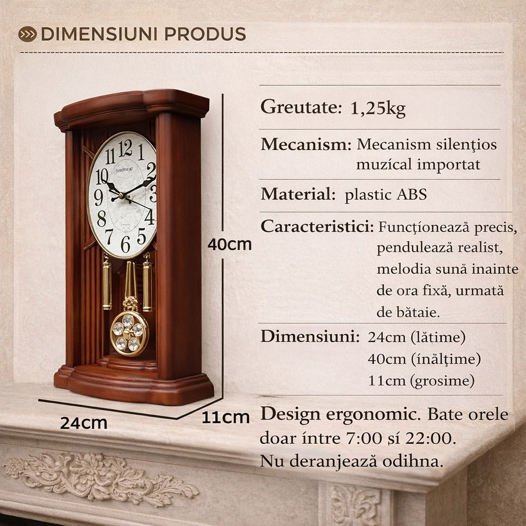 Ceas de perete sau masa cu pendul 40x24 cm mecanism muzical silentios design clasic elegant