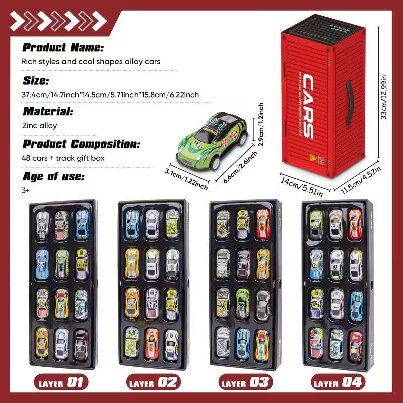 Set 48 Jucarii Masinute Tractiune Retractabila - Aliaj, Cutie Container, 4 Nivele Garaj, Rezistente Caderi Socuri, 3-8 Ani, Modele Culori Variate