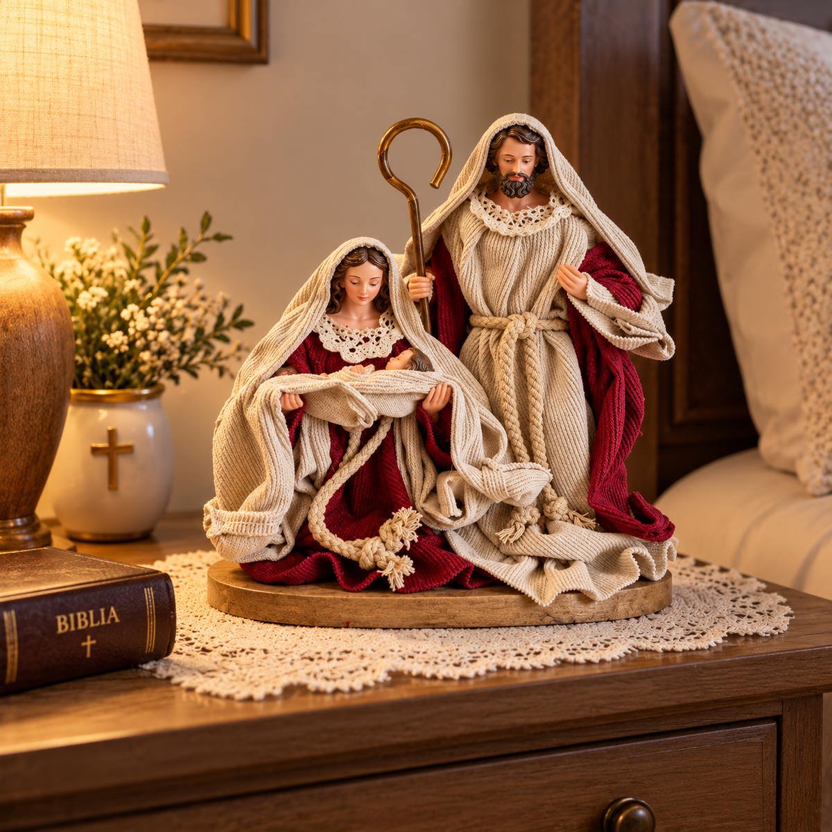 Statuetă Nașterea Domnului Premium din Rășină, Sfânta Familie, 21 × 11 × 23 cm, Crem și Roșu Burgundy - detaliu produs