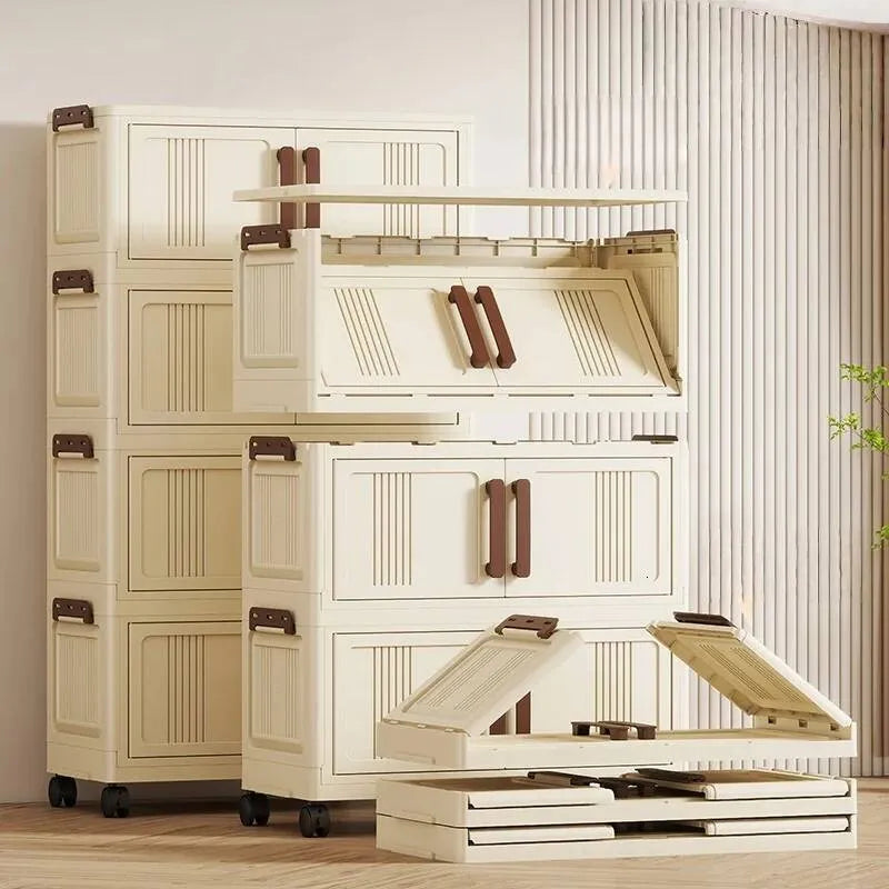 Dulap depozitare pliabil cu usi si roti, organizator multifunctional cu 3, 4 sau 5 rafturi, crem 45 cm