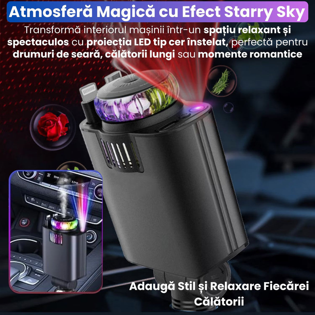 Incarcator Auto Retractabil 5 in 1, 45W PD, difuzor de parfum integrat, lumina ambientala