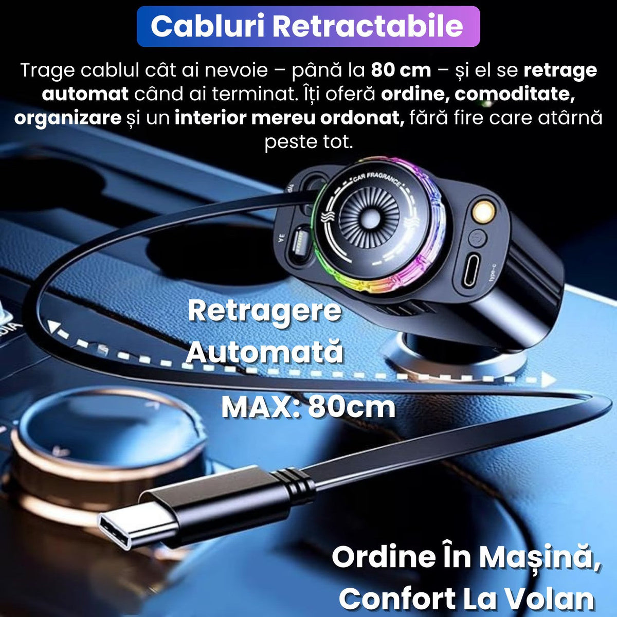 Incarcator Auto Retractabil 5 in 1, 45W PD, difuzor de parfum integrat, lumina ambientala