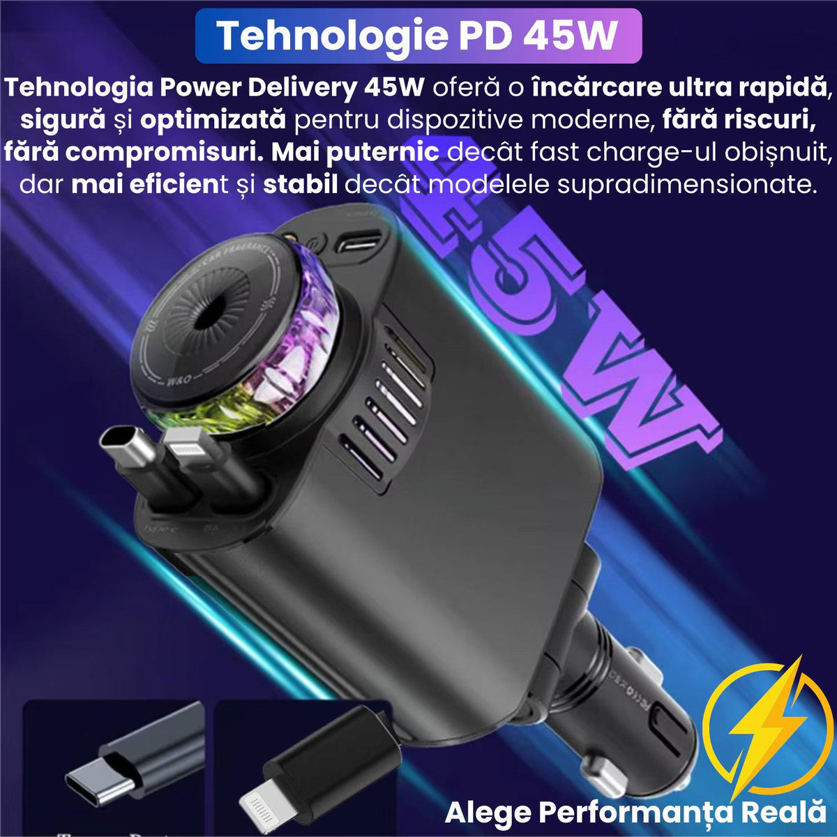 Incarcator Auto Retractabil 5 in 1, 45W PD, difuzor de parfum integrat, lumina ambientala