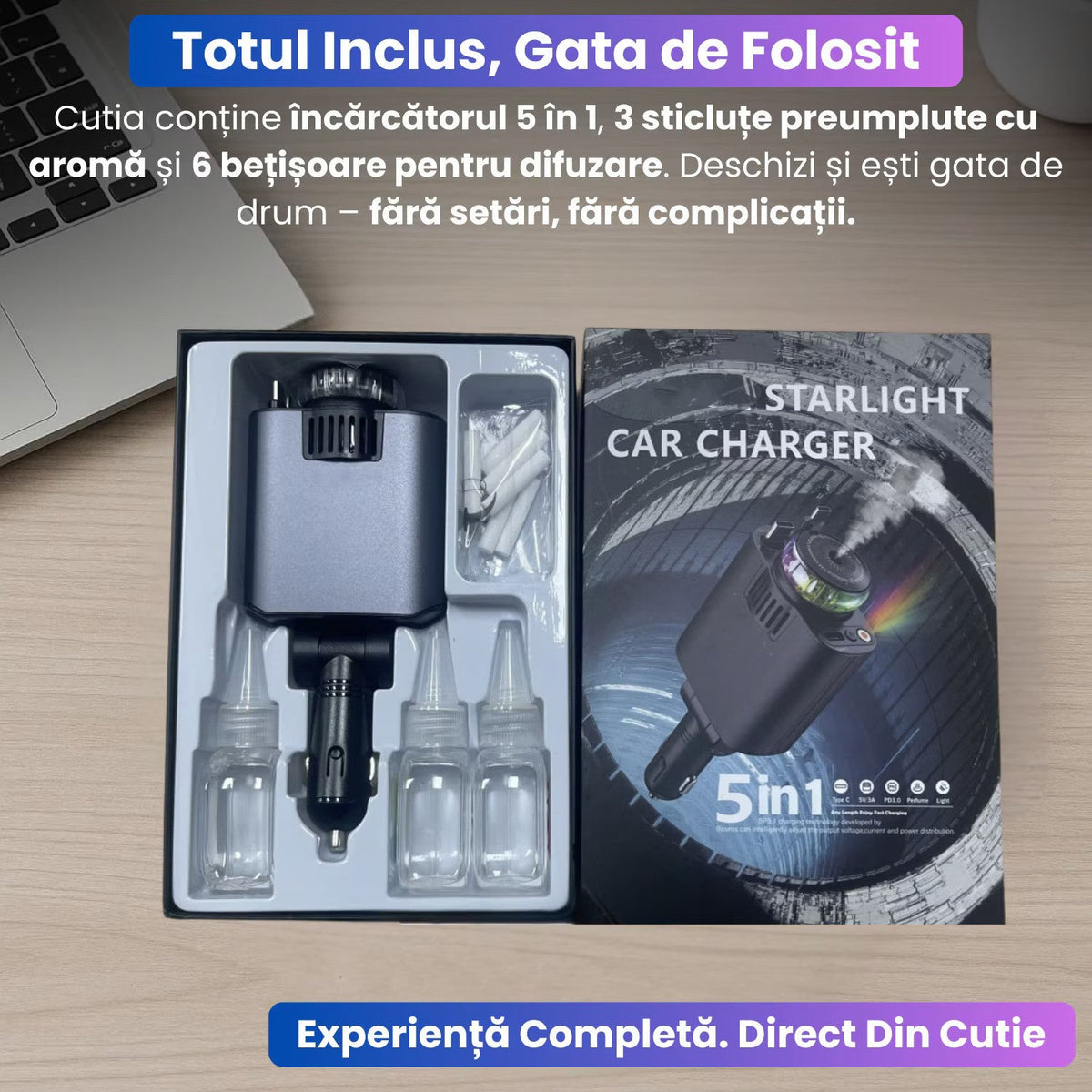 Incarcator Auto Retractabil 5 in 1, 45W PD, difuzor de parfum integrat, lumina ambientala