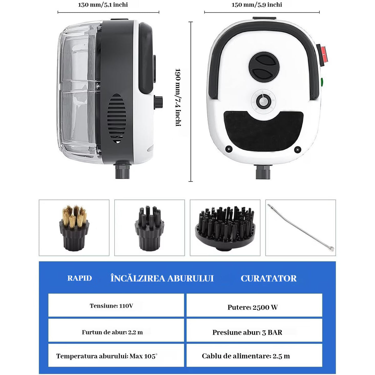Aparat de curatat cu abur, 4 accesorii incluse, 2500W, alb/negru