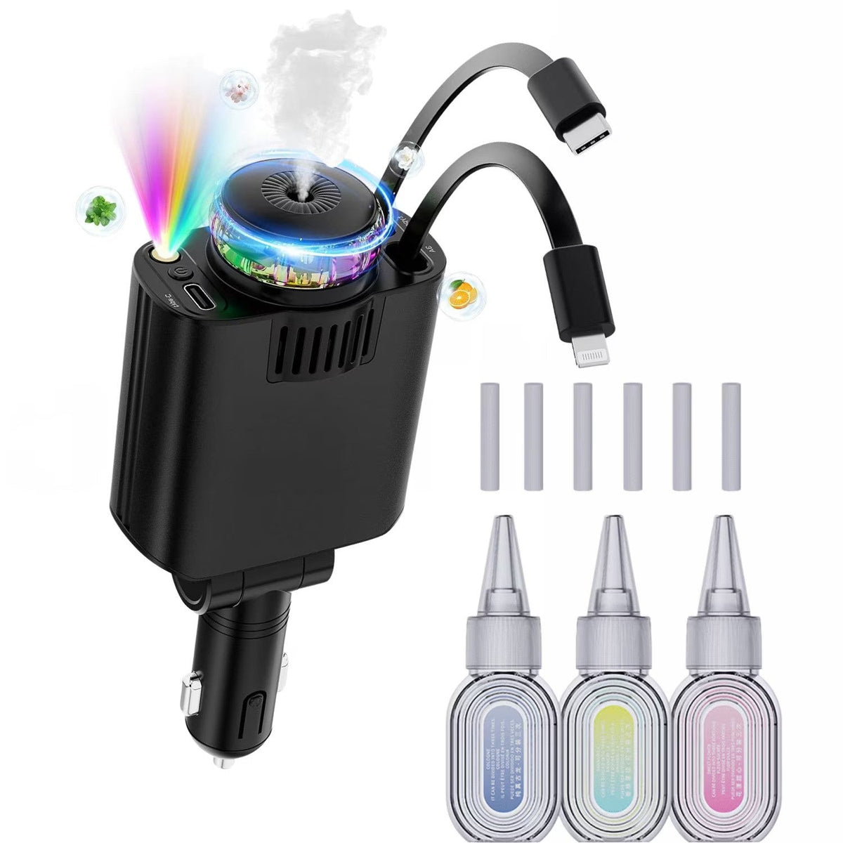 Incarcator Auto Retractabil 5 in 1, 45W PD, difuzor de parfum integrat, lumina ambientala