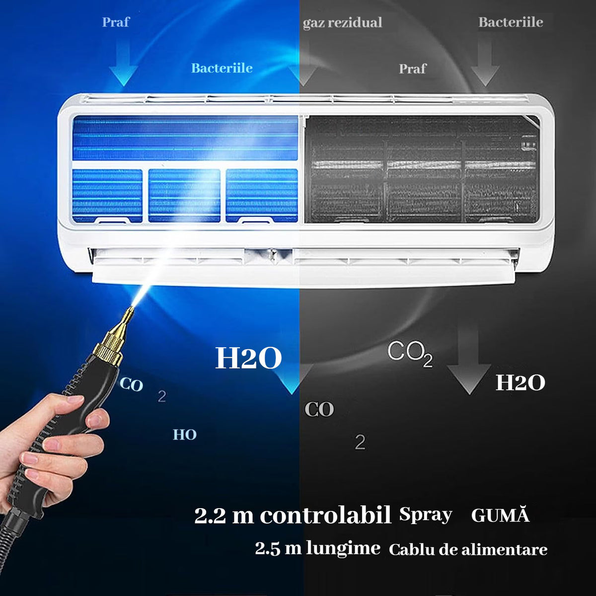 Aparat de curatat cu abur, 4 accesorii incluse, 2500W, alb/negru
