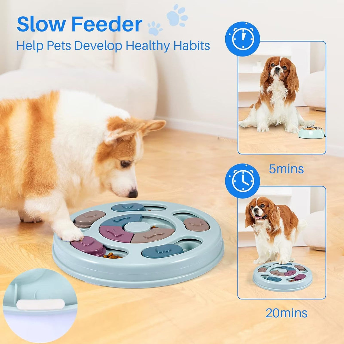 Castron Hranire Lenta Caini Si Pisici, Cu puzzle, 14 zone de hranire, Antiderapant