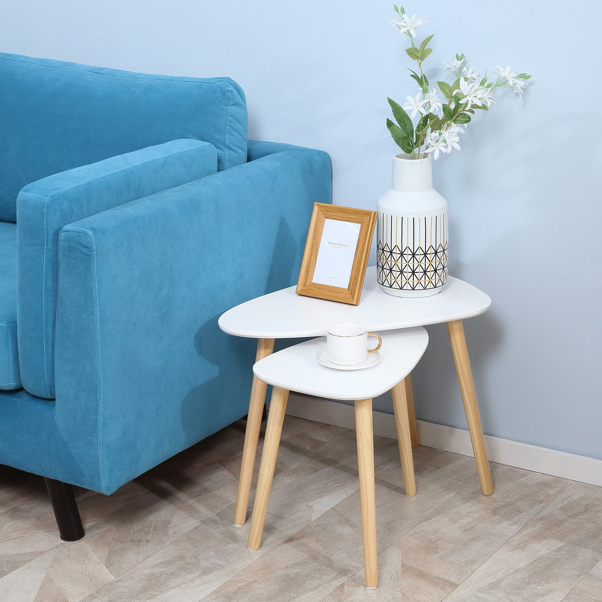 Set 2 masute de cafea stil nordic, design modern, MDF si lemn , alb si natural