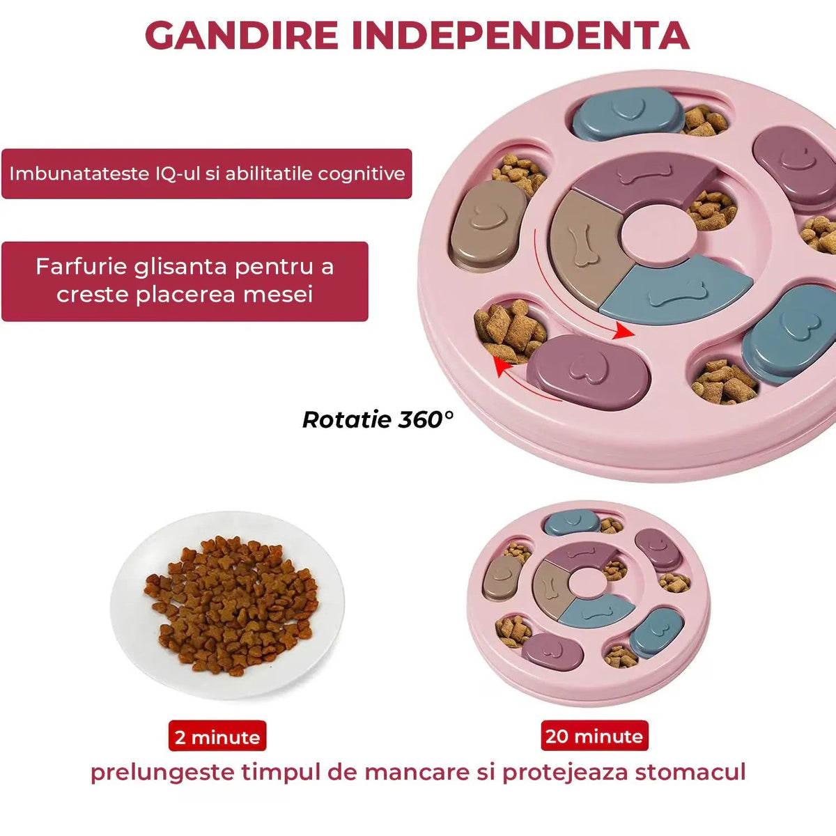 Castron Hranire Lenta Caini Si Pisici, Cu puzzle, 14 zone de hranire, Antiderapant