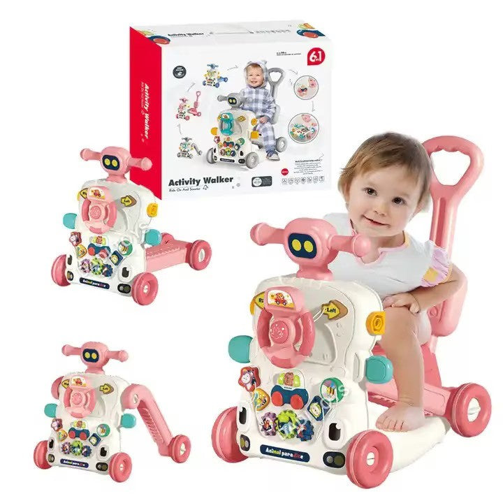 Antemergator 6 in 1  pentru Copii, cu Activitati Montessori de joaca si roti anti-alunecare,