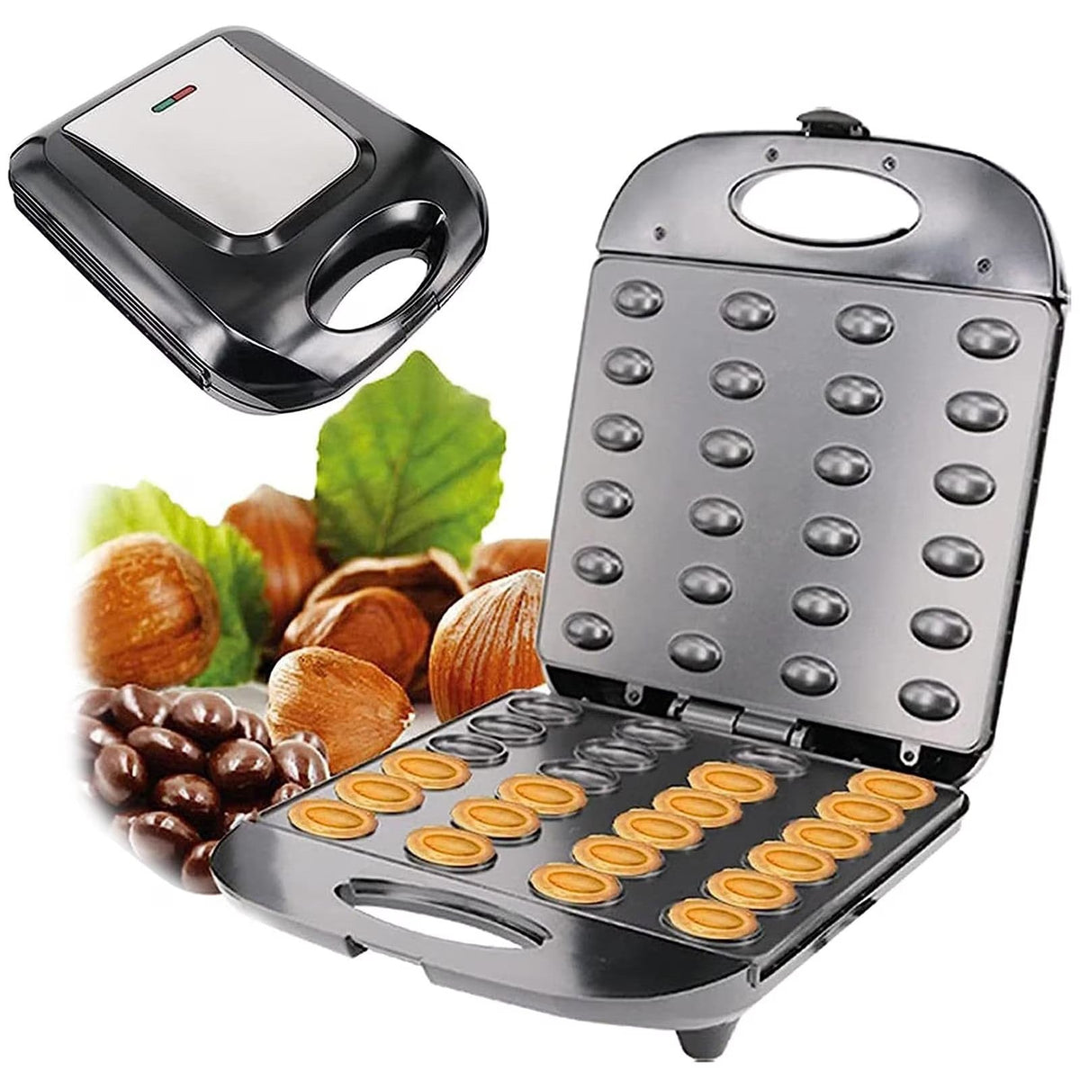 Aparat pentru preparat forme de nuci Hoffmans, 24 forme, 1400W, Indicator luminos, Placi antiaderente, Negru/Inox
