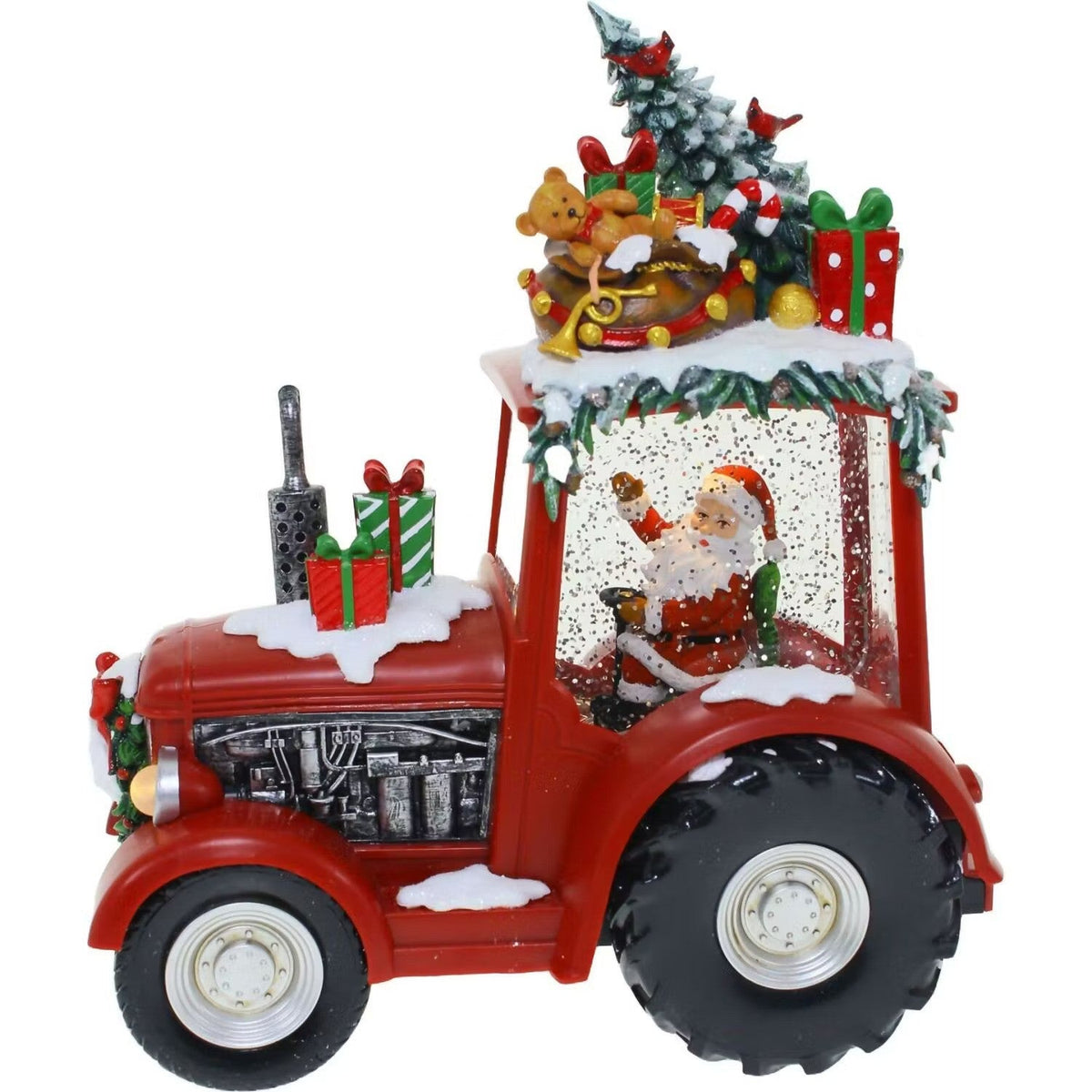 Decoratiune Craciun tip Tractor cu Mos Craciun ,brad si cadouri, functie muzicala, zapada in miscare, 25 × 13 × 21 cm