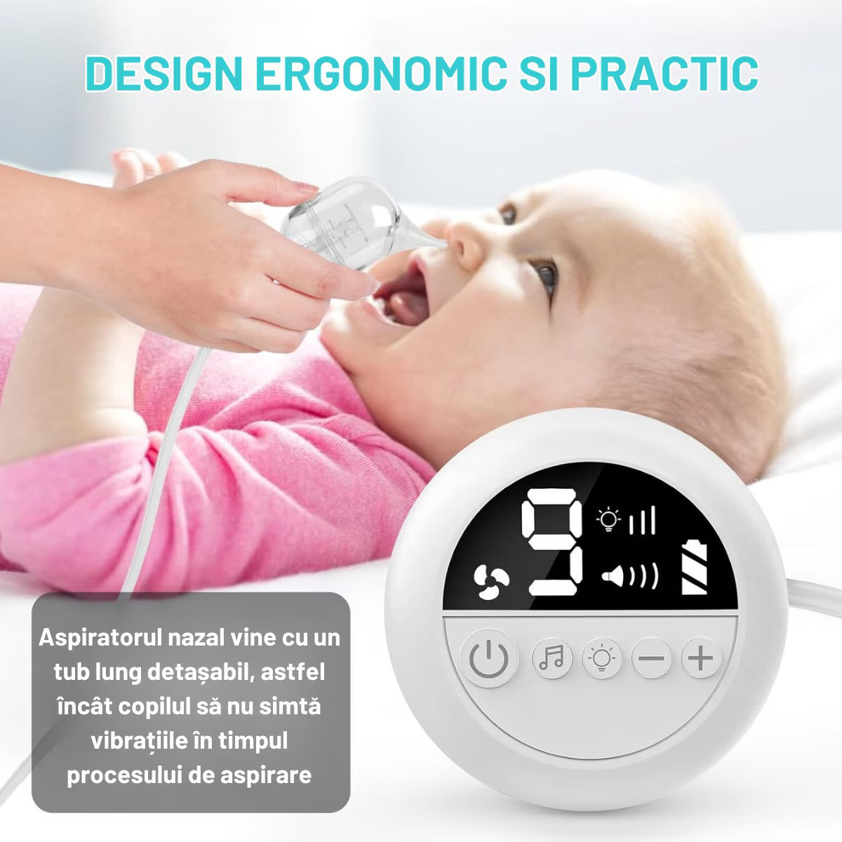 Aspirator nazal electric pentru bebelusi si copii, 9 niveluri de aspiratie reglabile, lumina de noapte cu muzica linistitoare, Incarcare USB, Display LED,