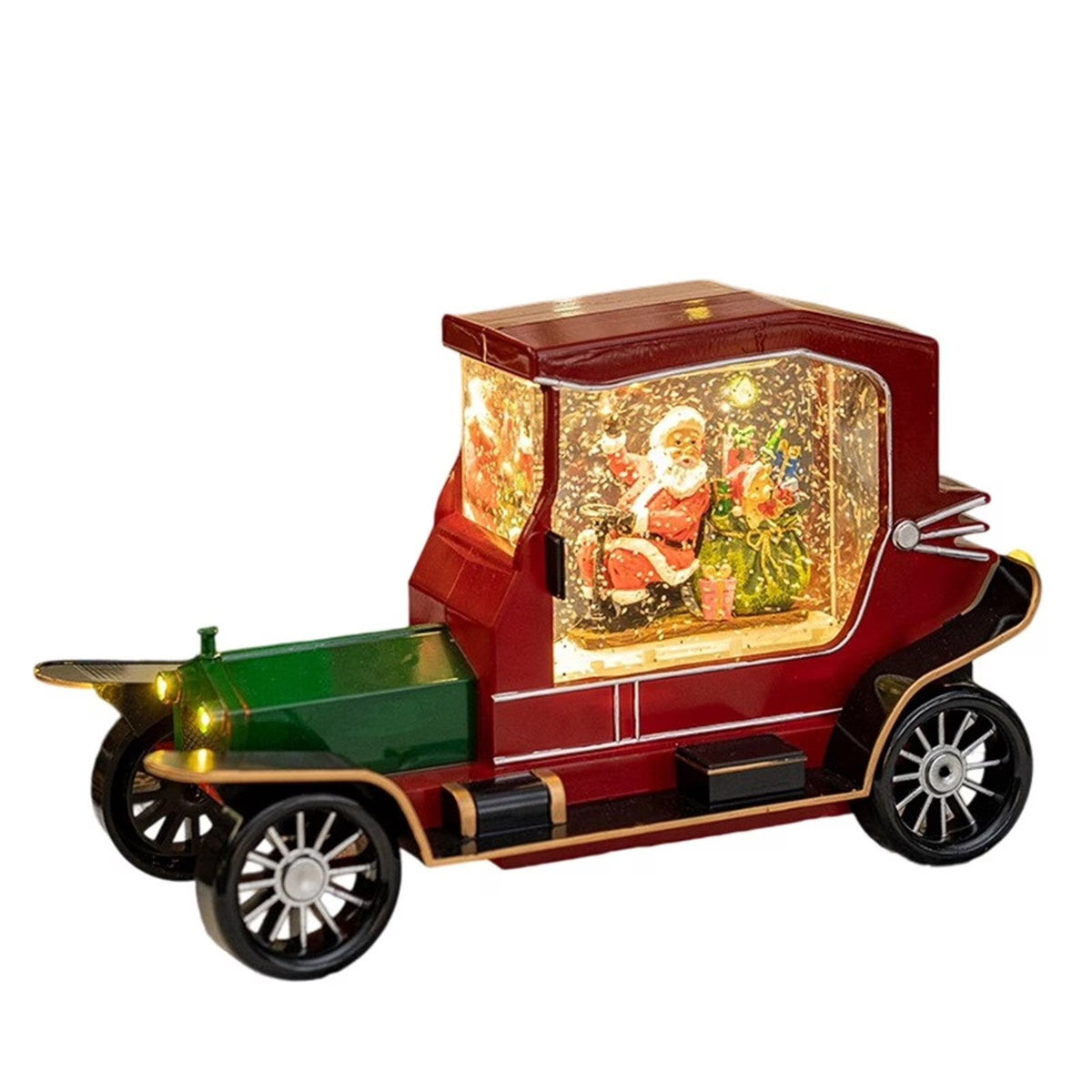 Decoratiune  Craciun tip masina de epoca cu Mos Craciun si cadouri, functie muzicala, zapada in miscare, 6x27 cm16x27cm